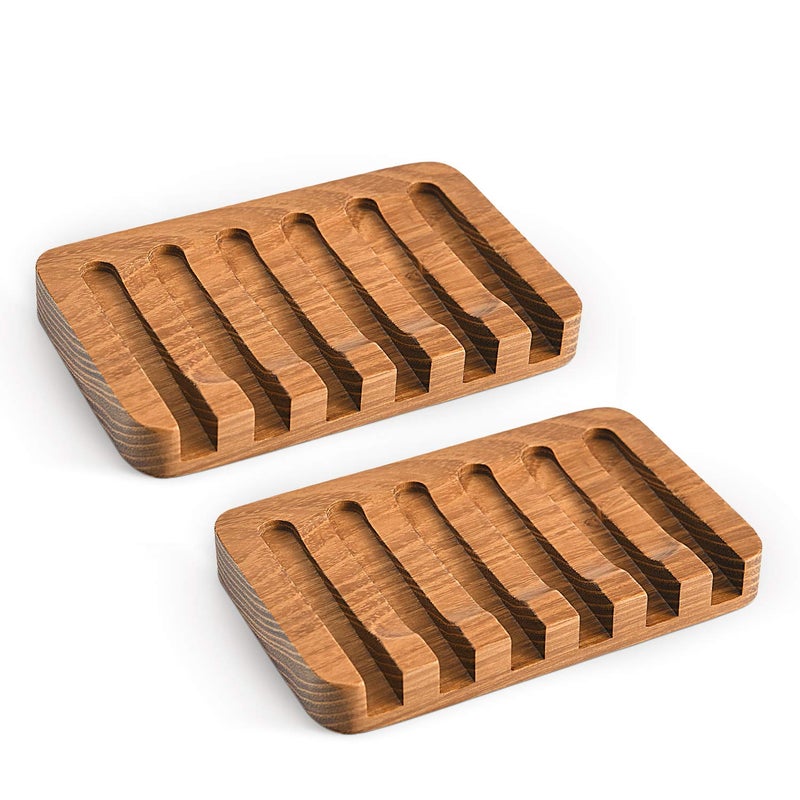 SUBEKYU Wooden Soap Dishes for Bathroom/Shower, Bar Soap Holder with Self Draining Tray, Natural Waterfall Drain Soap Saver, Teak (2P) - Image 1